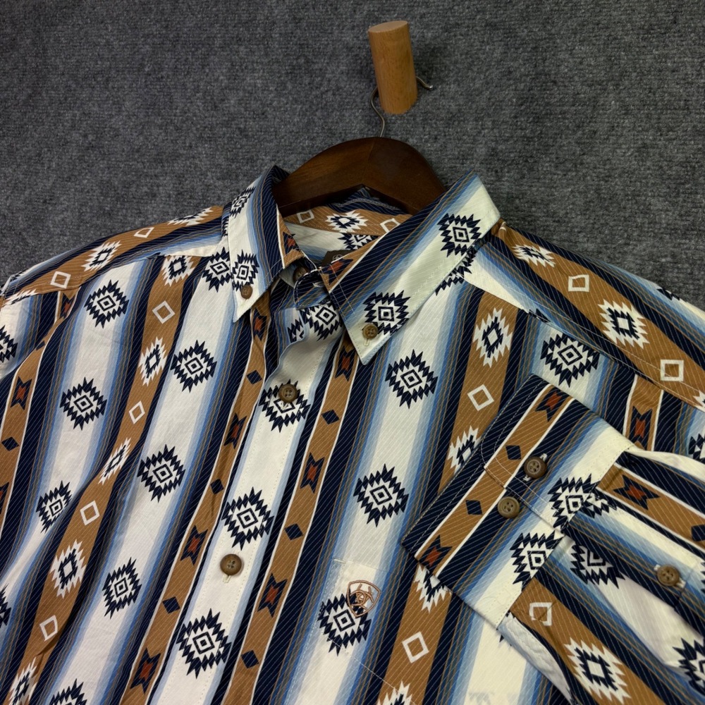 Ariat Button Down Shirt Mens L Blue Brown Southwestern Geometric Western Cotton